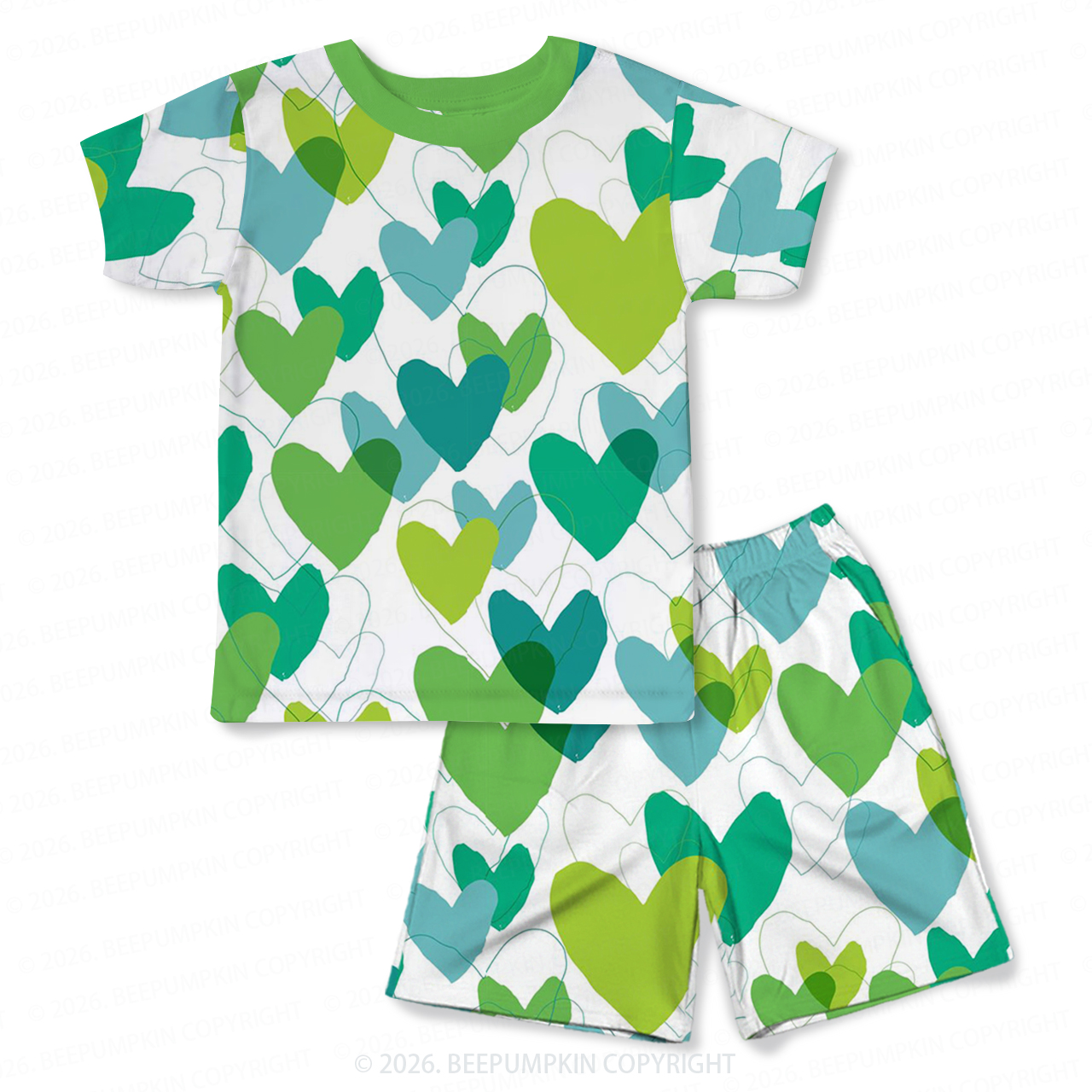 Sweet Green Hearts Two-Piece Pajama Short Sets For Toddler&Kids