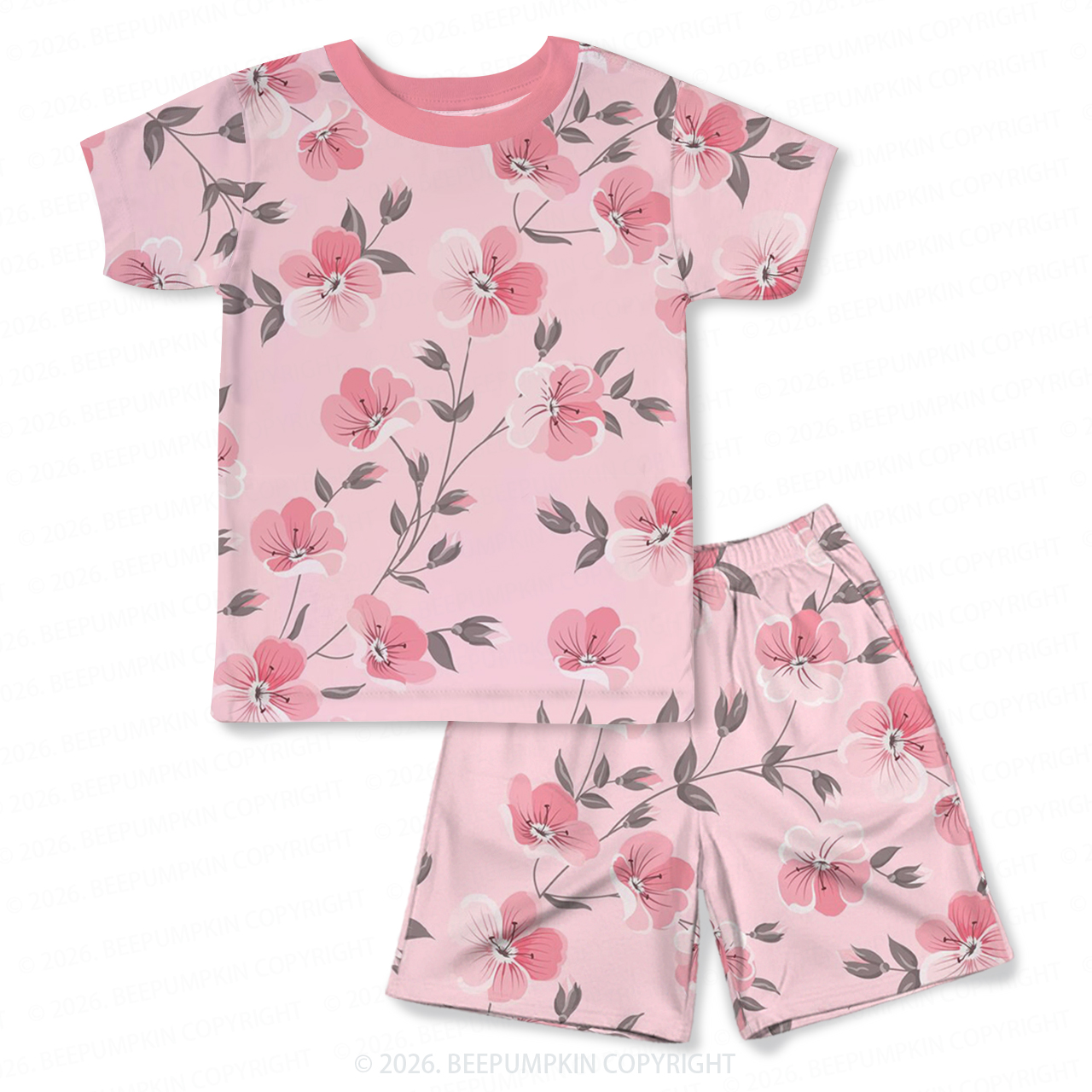 Pink Blossom Two-Piece Pajama Short Sets For Toddler&Kids