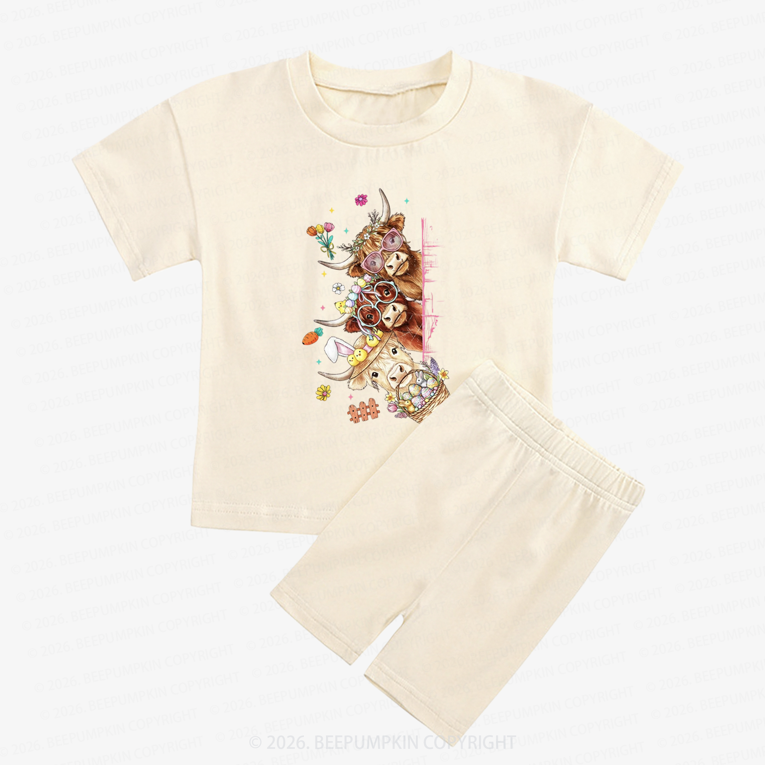 Easter Day Highland Cow&Bunny Kids Biker Shorts&Tee