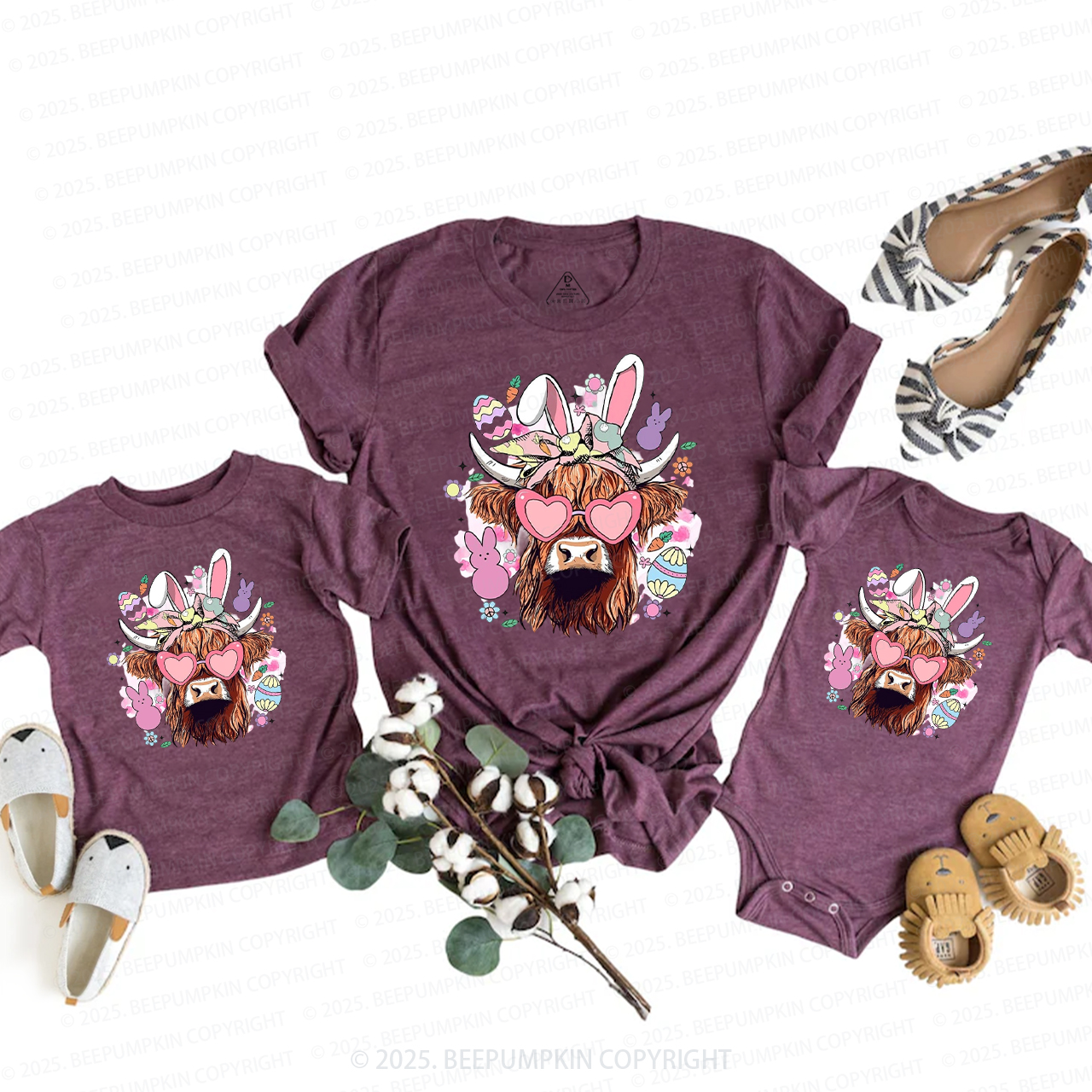 Easter Cute Highland Cow Mom&Me Matching Tees