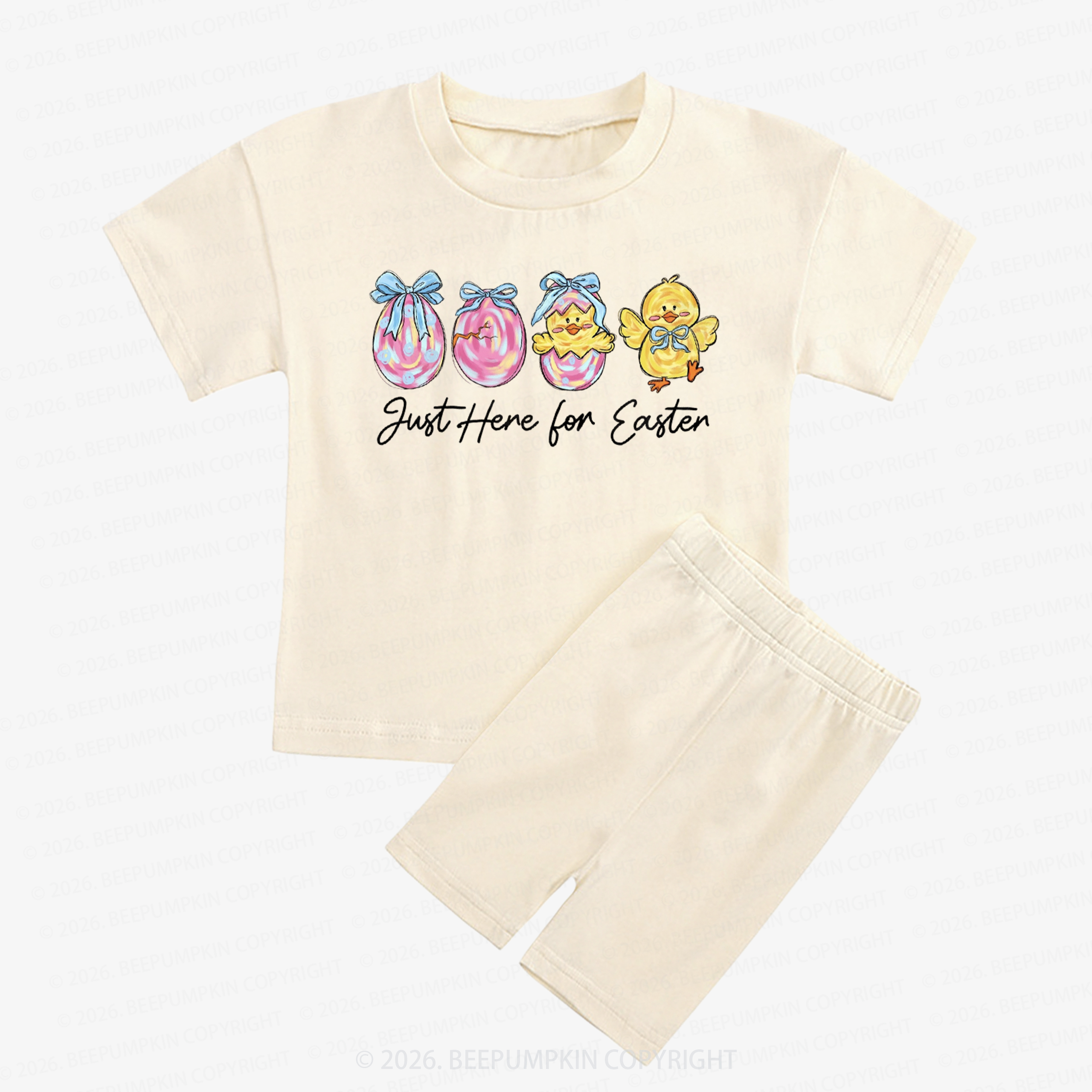 Just Here For Easter Pastel Eggs Coquette Kids Biker Shorts&Tee
