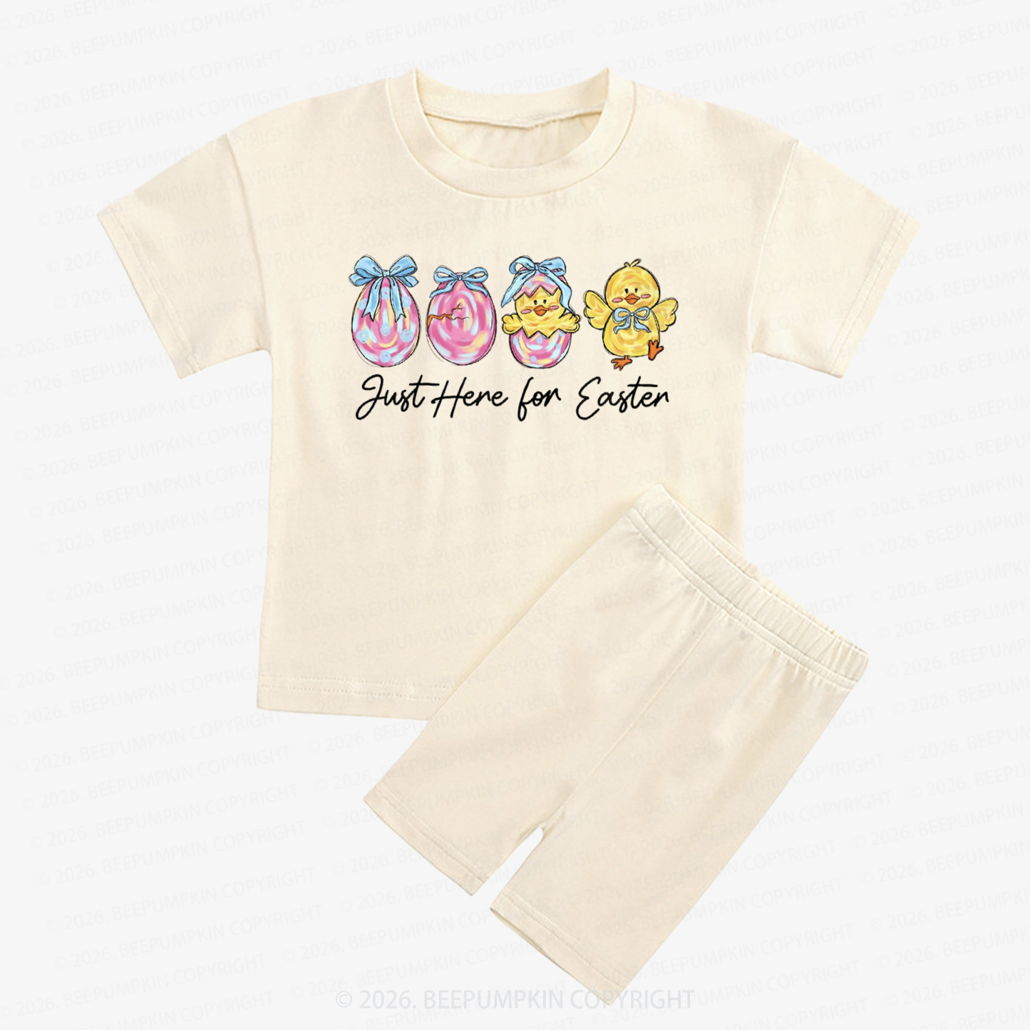 Just Here For Easter Pastel Eggs Coquette Kids Biker Shorts&Tee