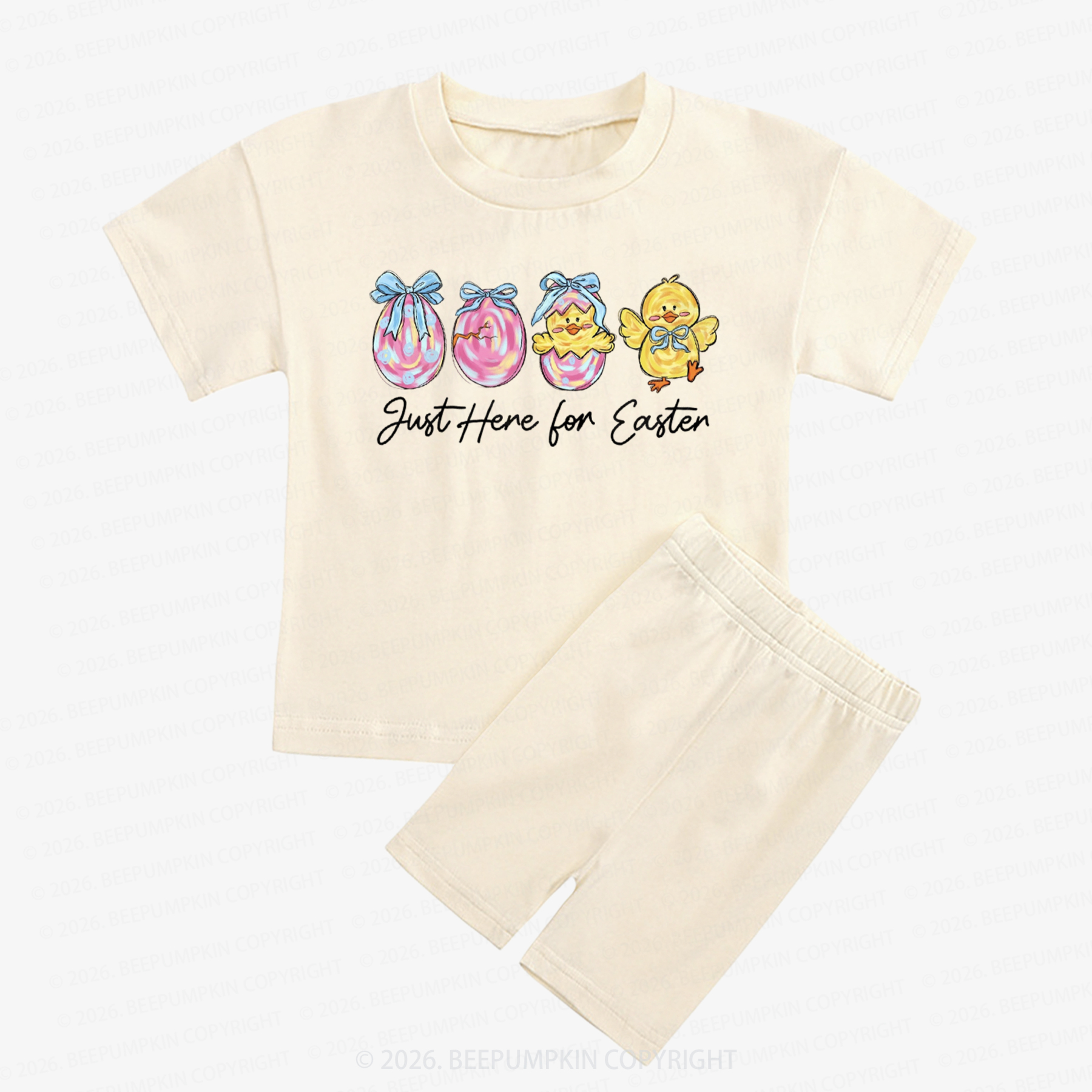 Just Here For Easter Pastel Eggs Coquette Kids Biker Shorts&Tee