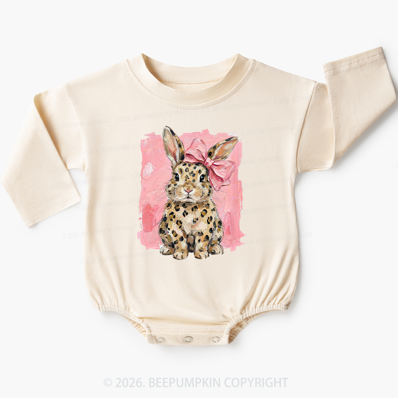 Oil Paint Leopard & Pink Bow Coquette Bunny Baby Bubble Romper
