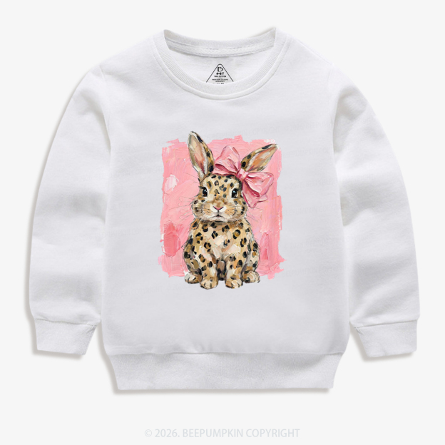 Oil Paint Leopard & Pink Bow Coquette Bunny Kid's Sweatshirt