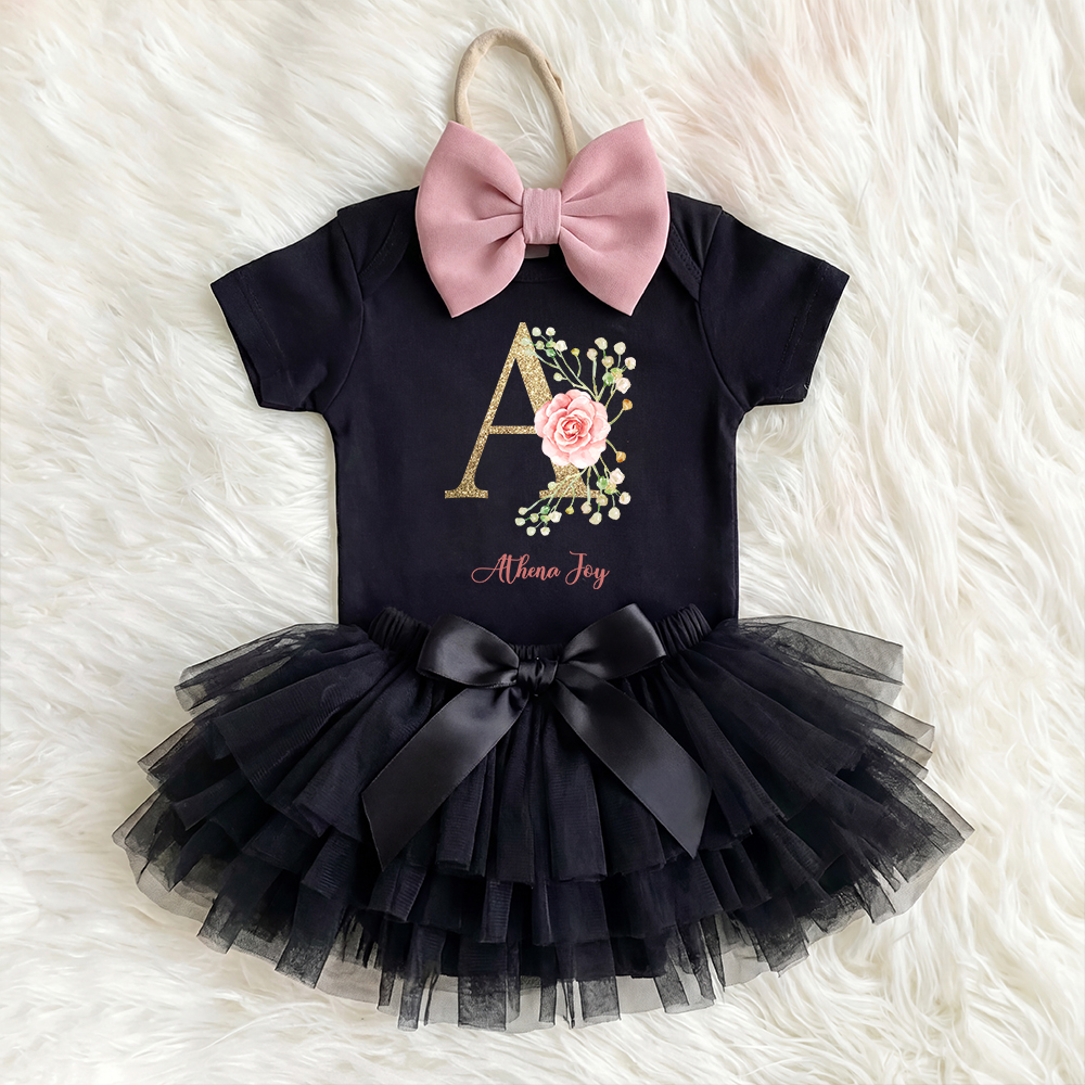 3 Pieces Personalized Vintage Black Floral Baby Girl Tutu Outfit Set