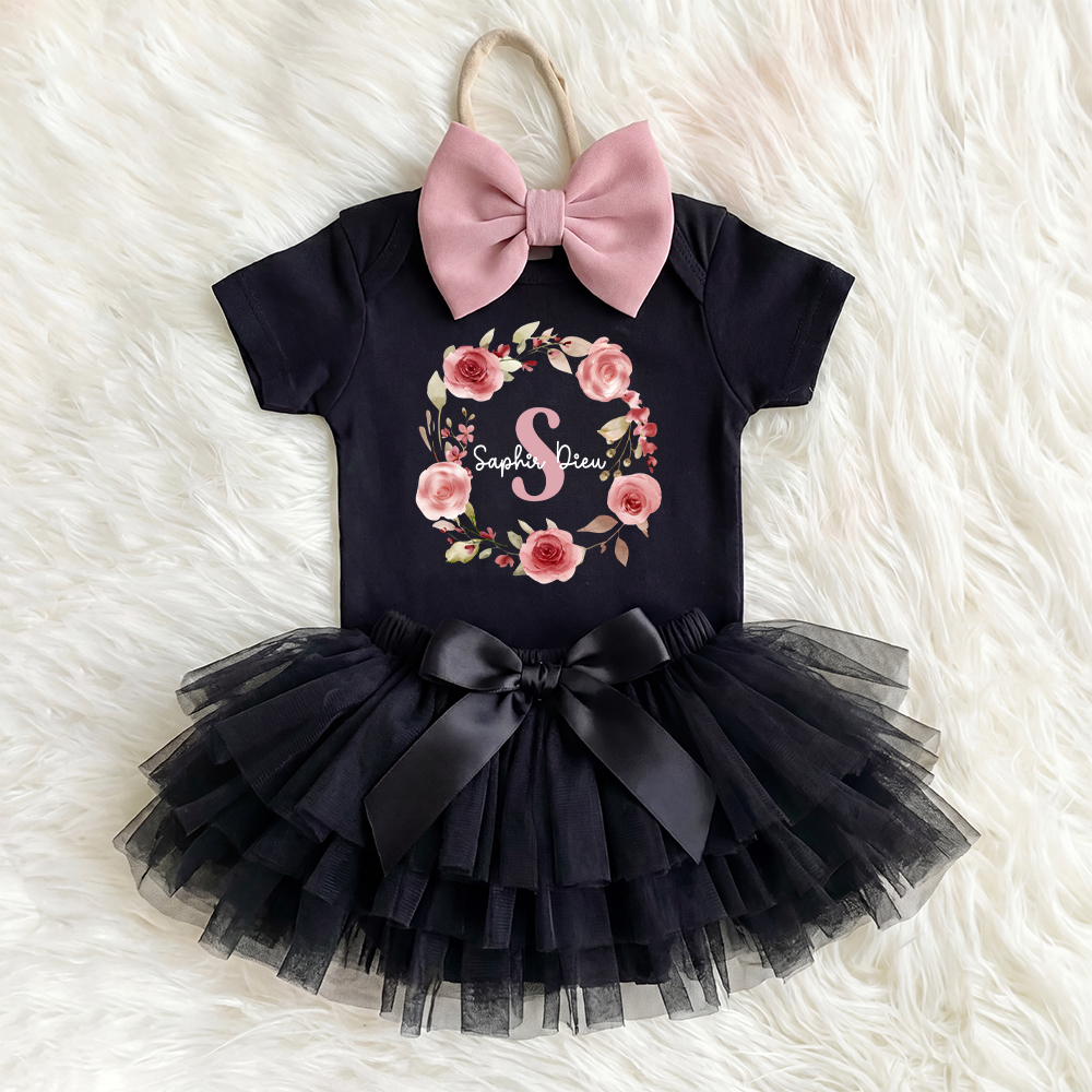 3 Pieces Personalized Garland Baby Girl Black Tutu Outfit Set