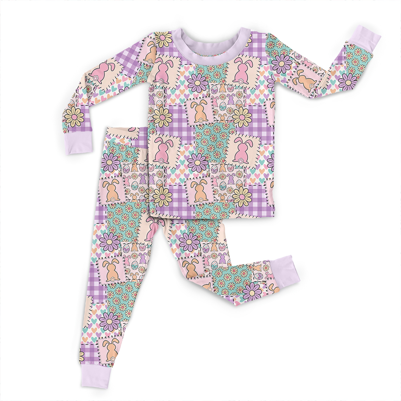 Bunny Floral Patchwork Easter Two-Piece Pajama Set For Kids