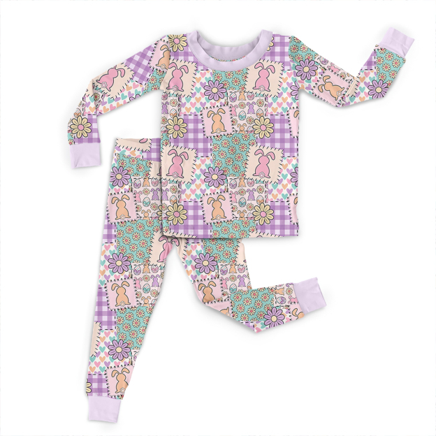 Bunny Floral Patchwork Easter Two-Piece Pajama Set For Kids