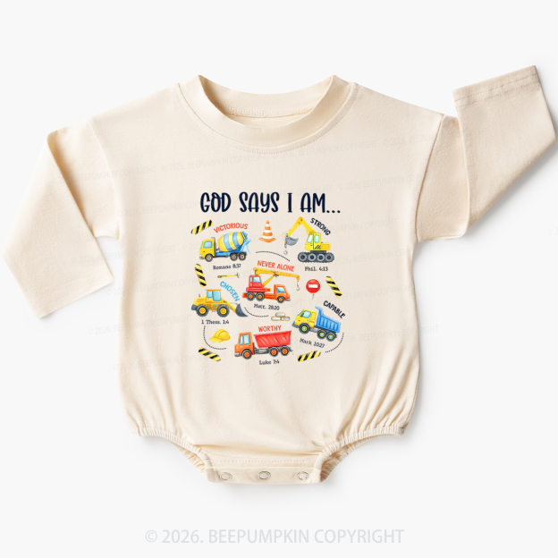 God Says I Am Construction Baby Bubble Romper