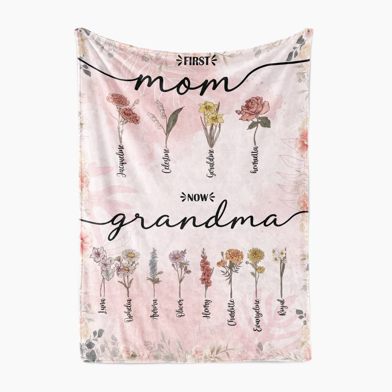 Personalized First Mom Now Grandma Birth Flower Fleece Blanket