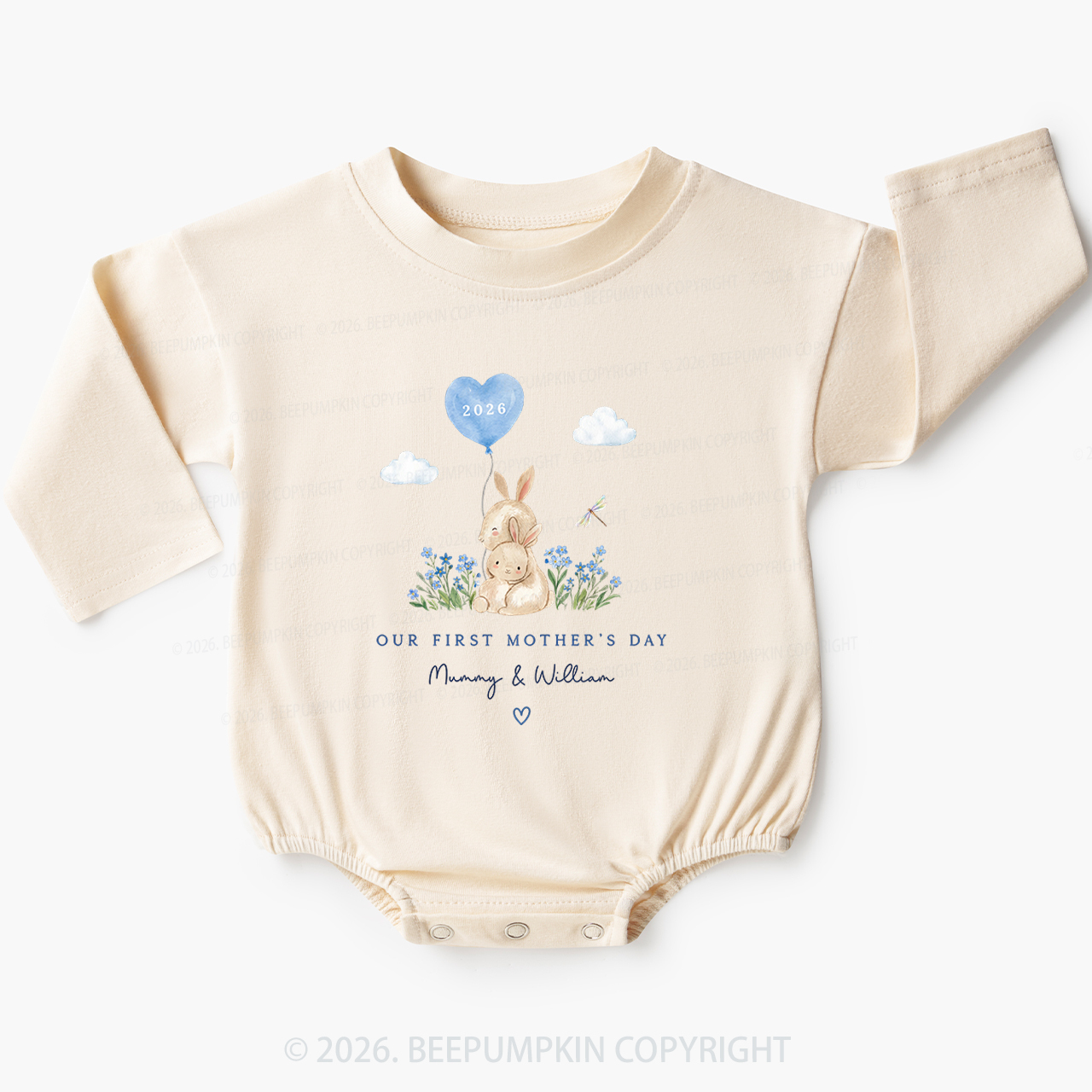 Personalized Our First Mother's Day Rabbit Together Baby Bubble Romper