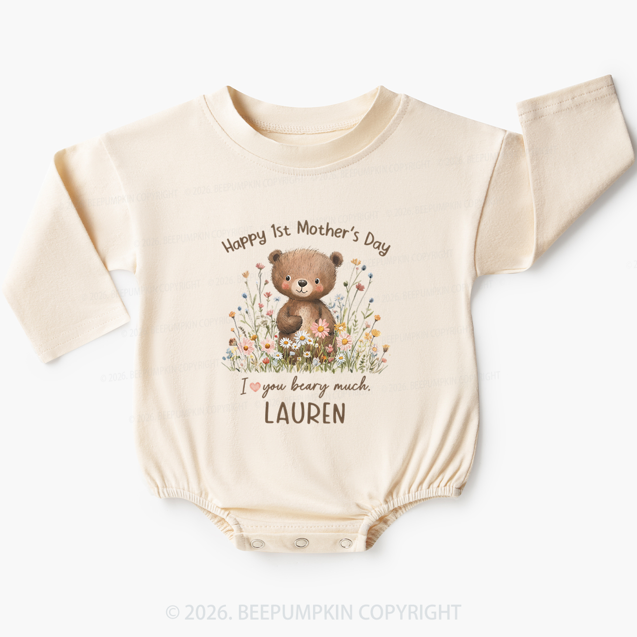 Personalized Happy 1st Mother's Day Floral Bear Baby Bubble Romper