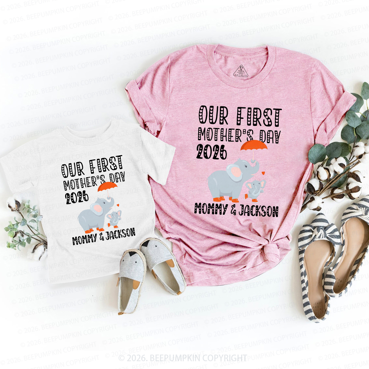 Personalized First Mother's Day Cute Elephant Mom&Me Matching T-Shirts