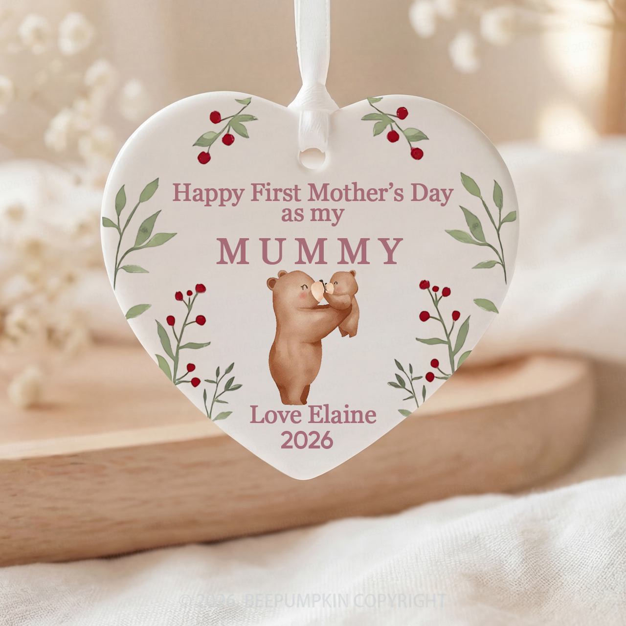Personalized First Mother's Day Hedgehog Ceramic Heart Ornament