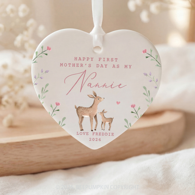 Personalised Lovely Deer First Mother's Day Ceramic Heart Ornament