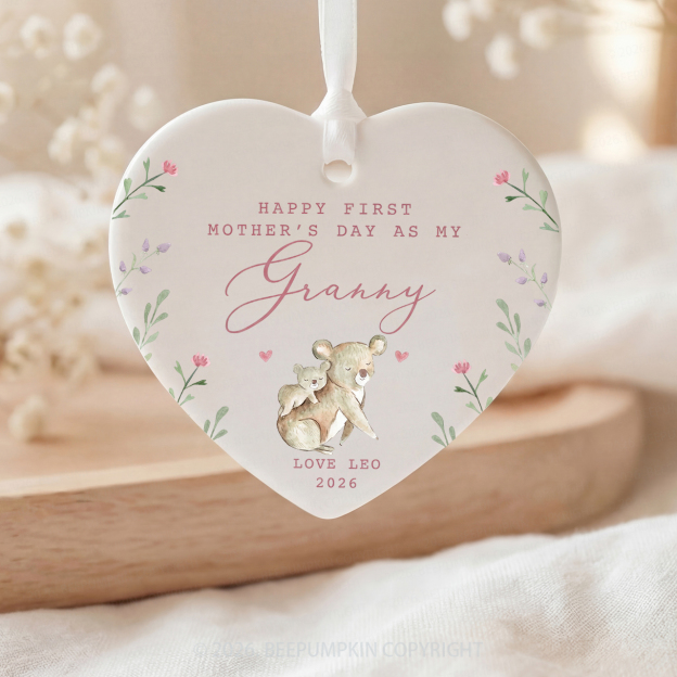 Personalised Lovely Koalas First Mother's Day Ceramic Heart Ornament