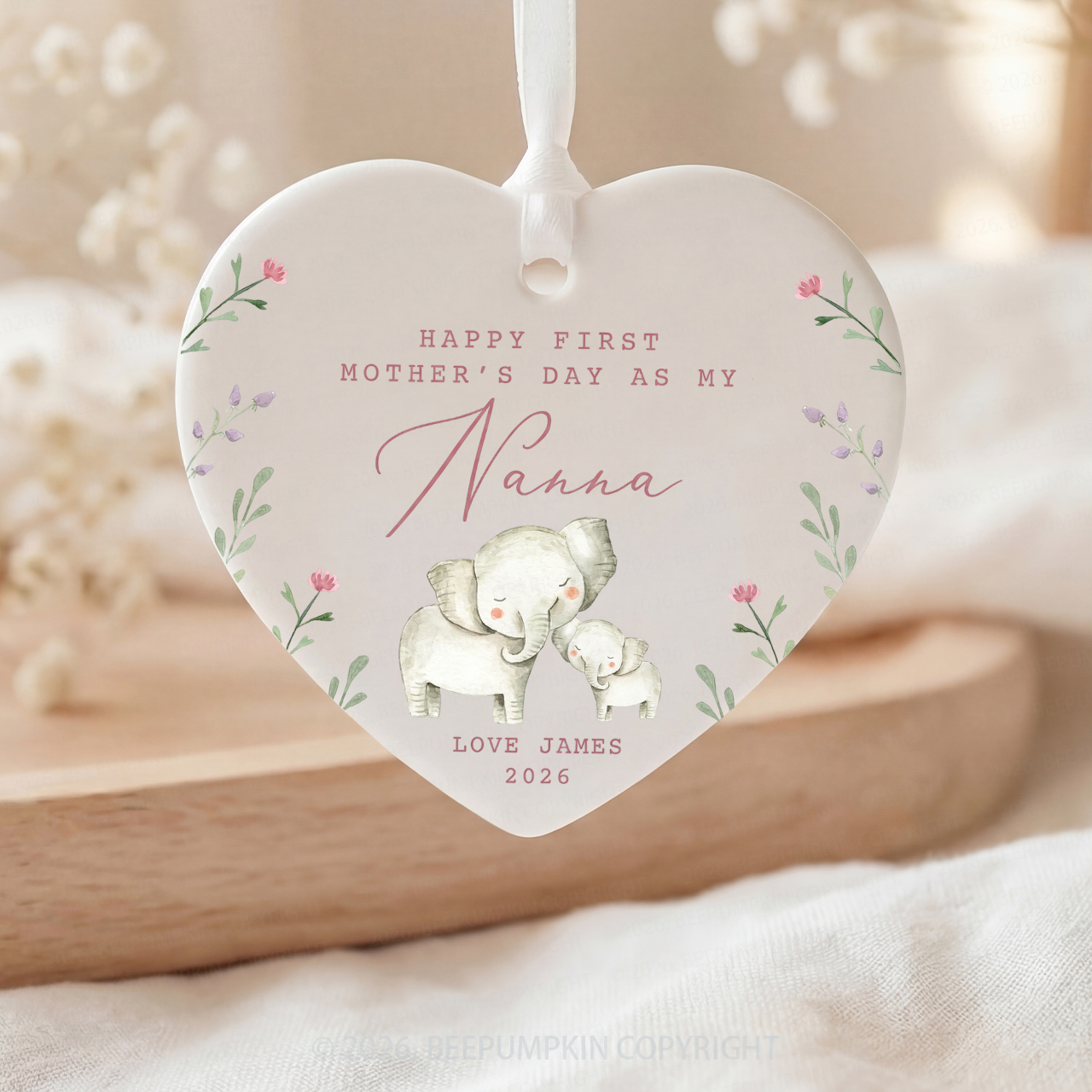 Personalised Lovely Elephants First Mother's Day Ceramic Heart Ornament