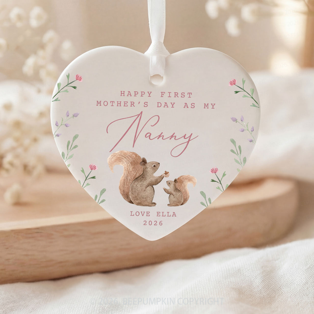 Personalised Lovely Squirrels First Mother's Day Ceramic Heart Ornament