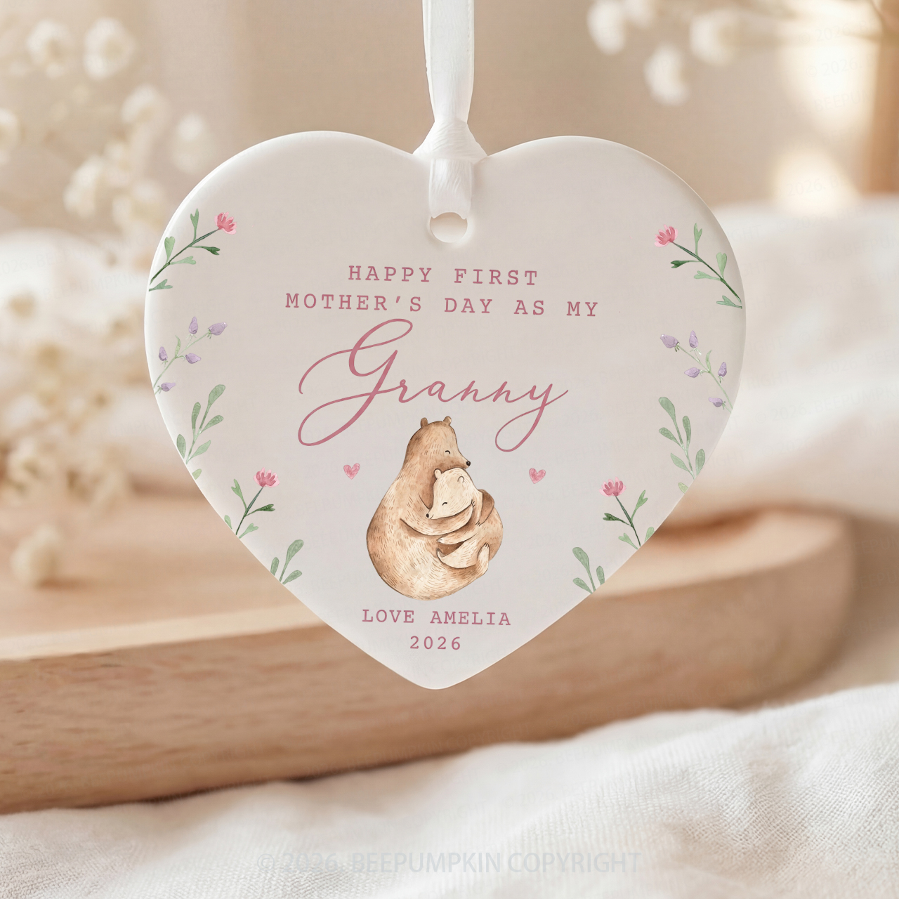 Personalised Lovely Bears First Mother's Day Ceramic Heart Ornament