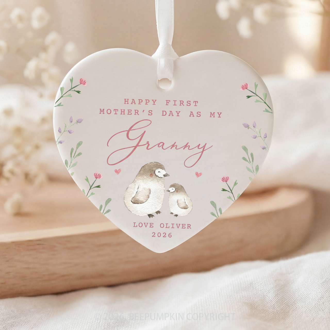 Personalised Lovely Penguins First Mother's Day Ceramic Heart Ornament