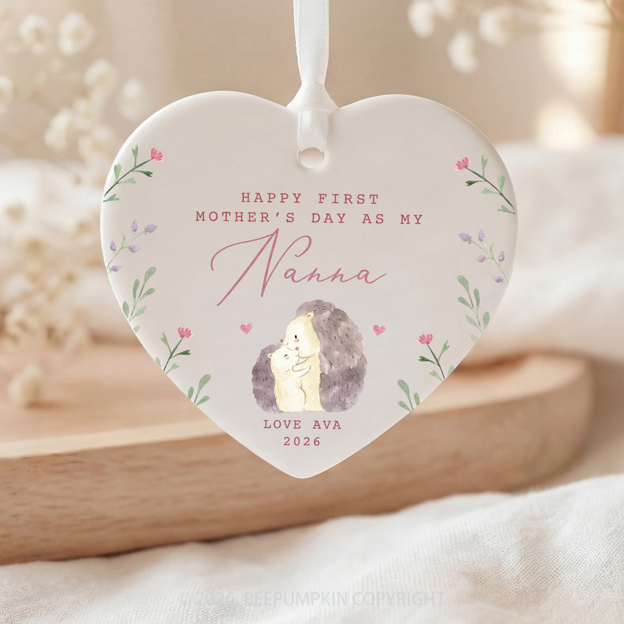 Personalised Lovely Hedgehogs First Mother's Day Ceramic Heart Ornament