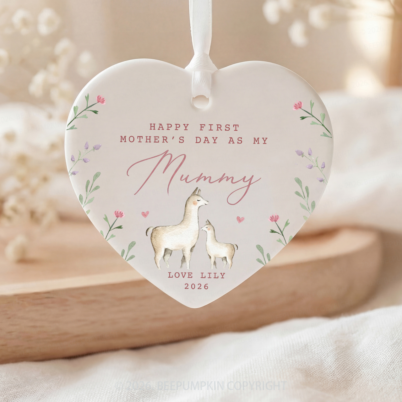 Personalised Lovely Llamas First Mother's Day Ceramic Heart Ornament