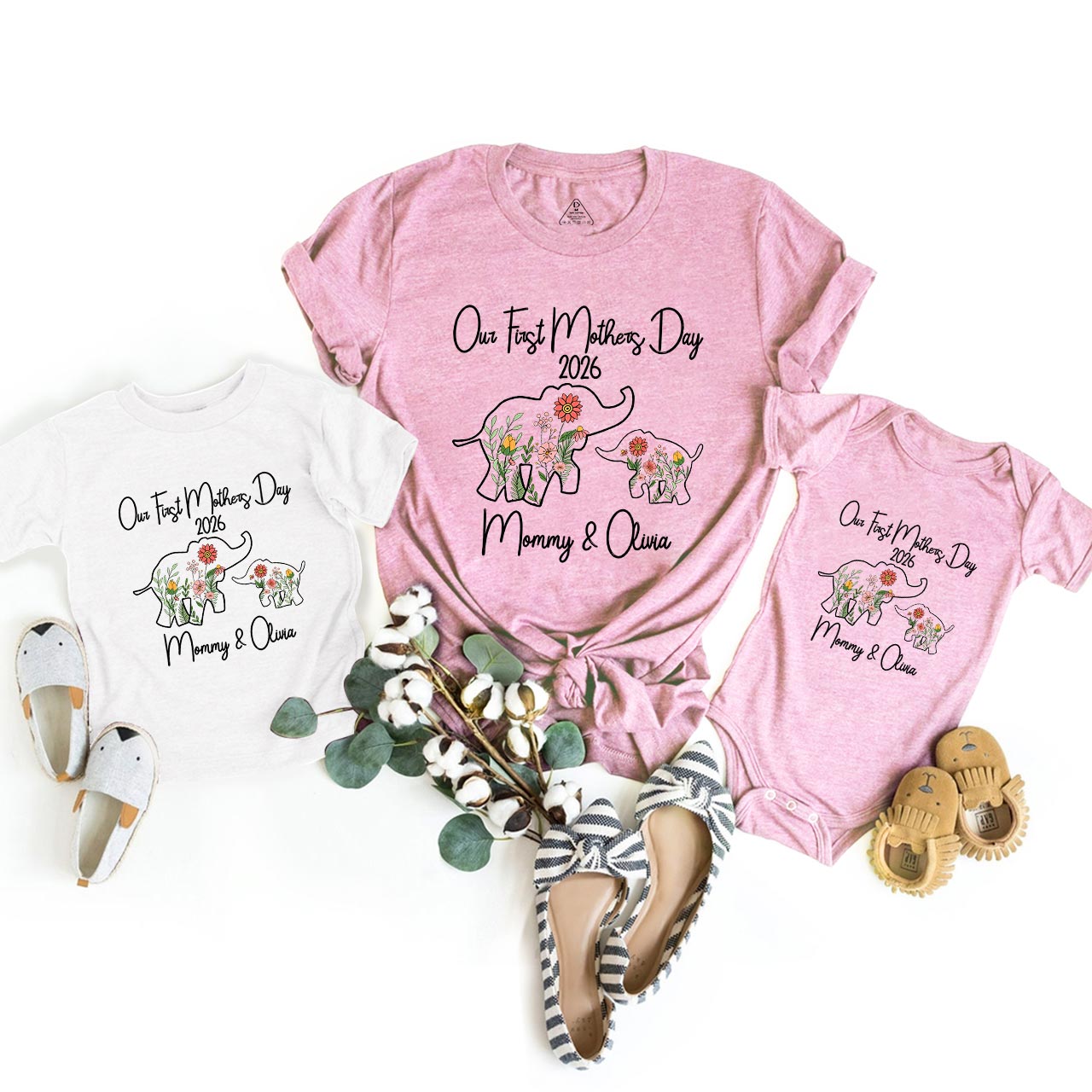 Personalized Flowers Elephant Mom&Me Matching Tees