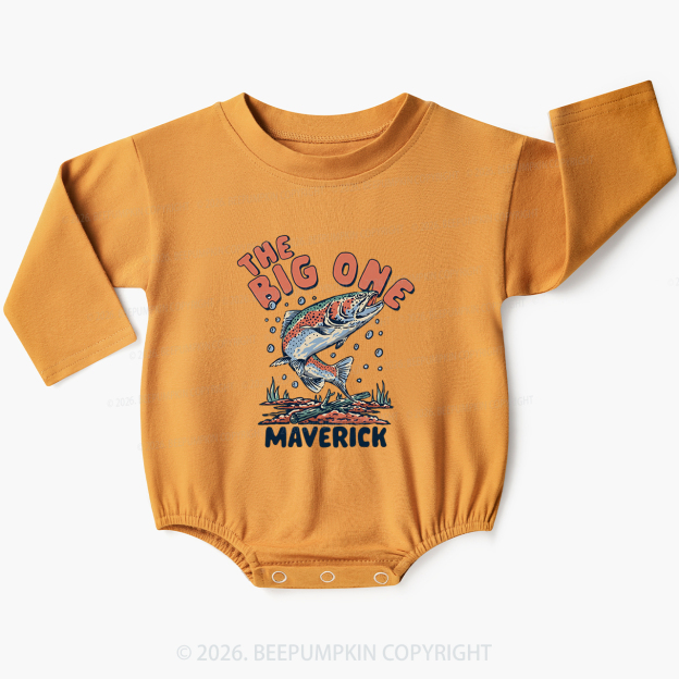 Personalized Retro The Big One Fishing Trout 1st Birthday Baby Bubble Romper