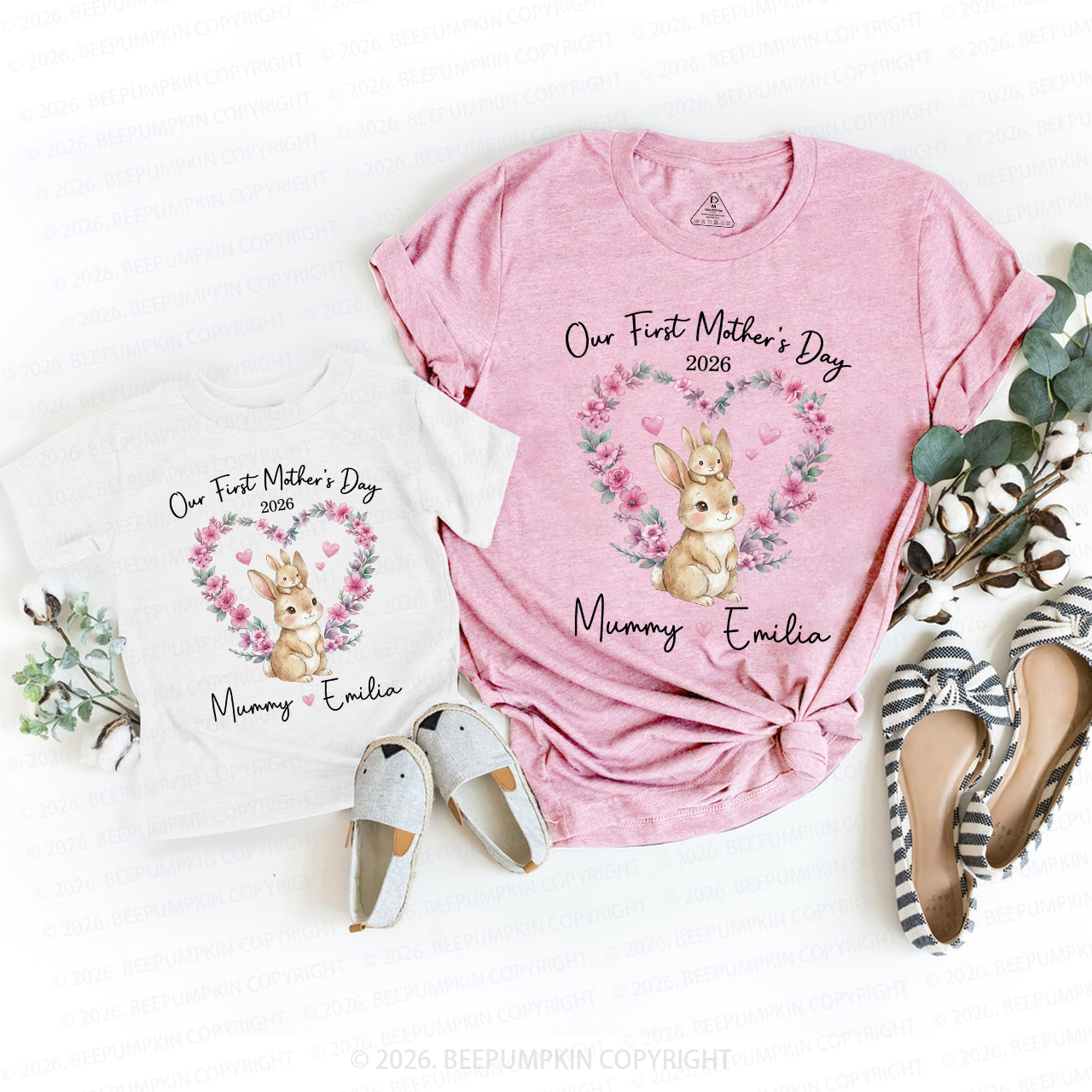 Personalized Cute Rabbit Heart Wreath Mom&Me Matching T-Shirts