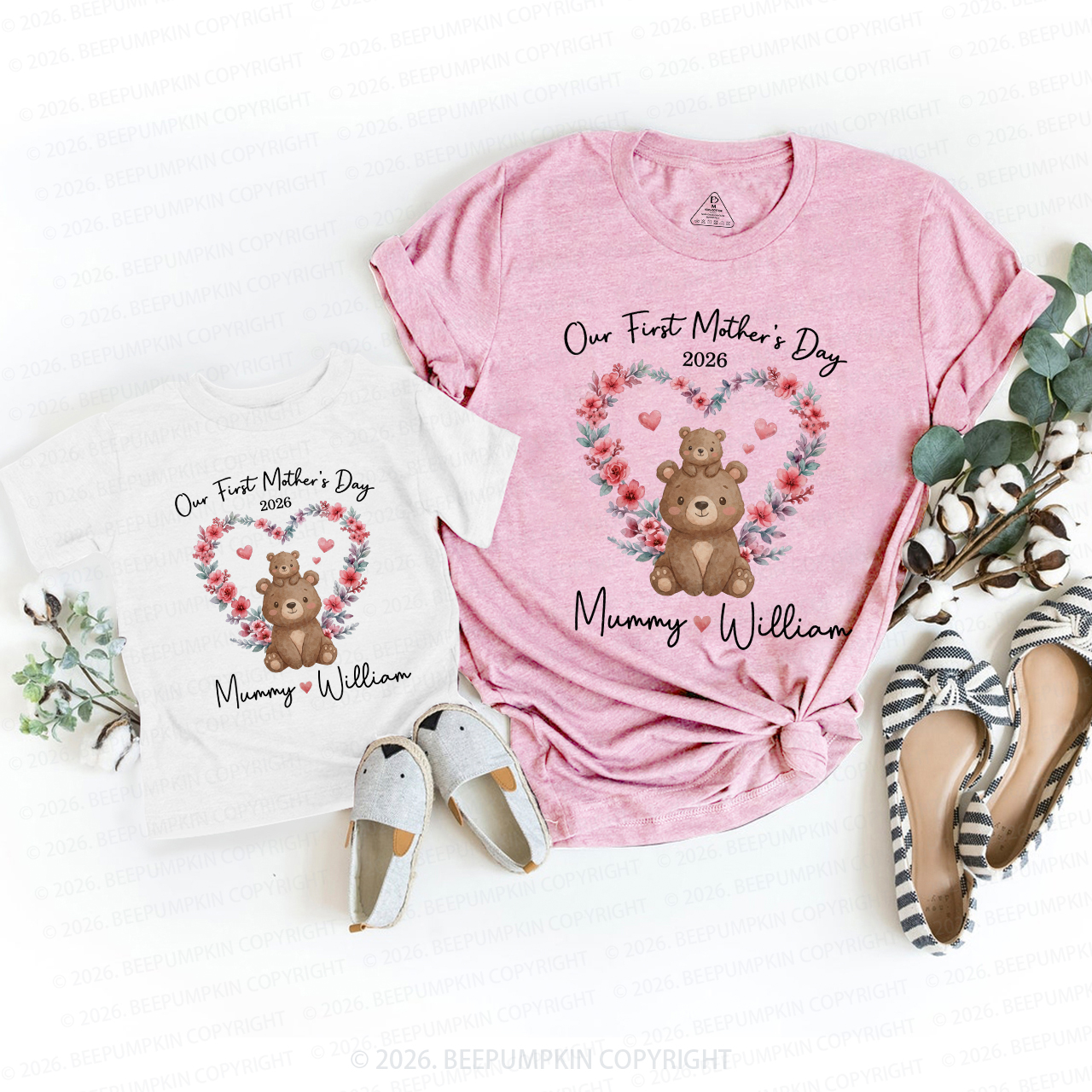 Personalized Cute Bear Heart Wreath Mom&Me Matching T-Shirts