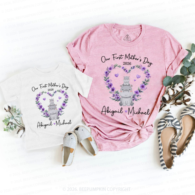 Personalized Cute Hippo Heart Wreath Mom&Me Matching T-Shirts