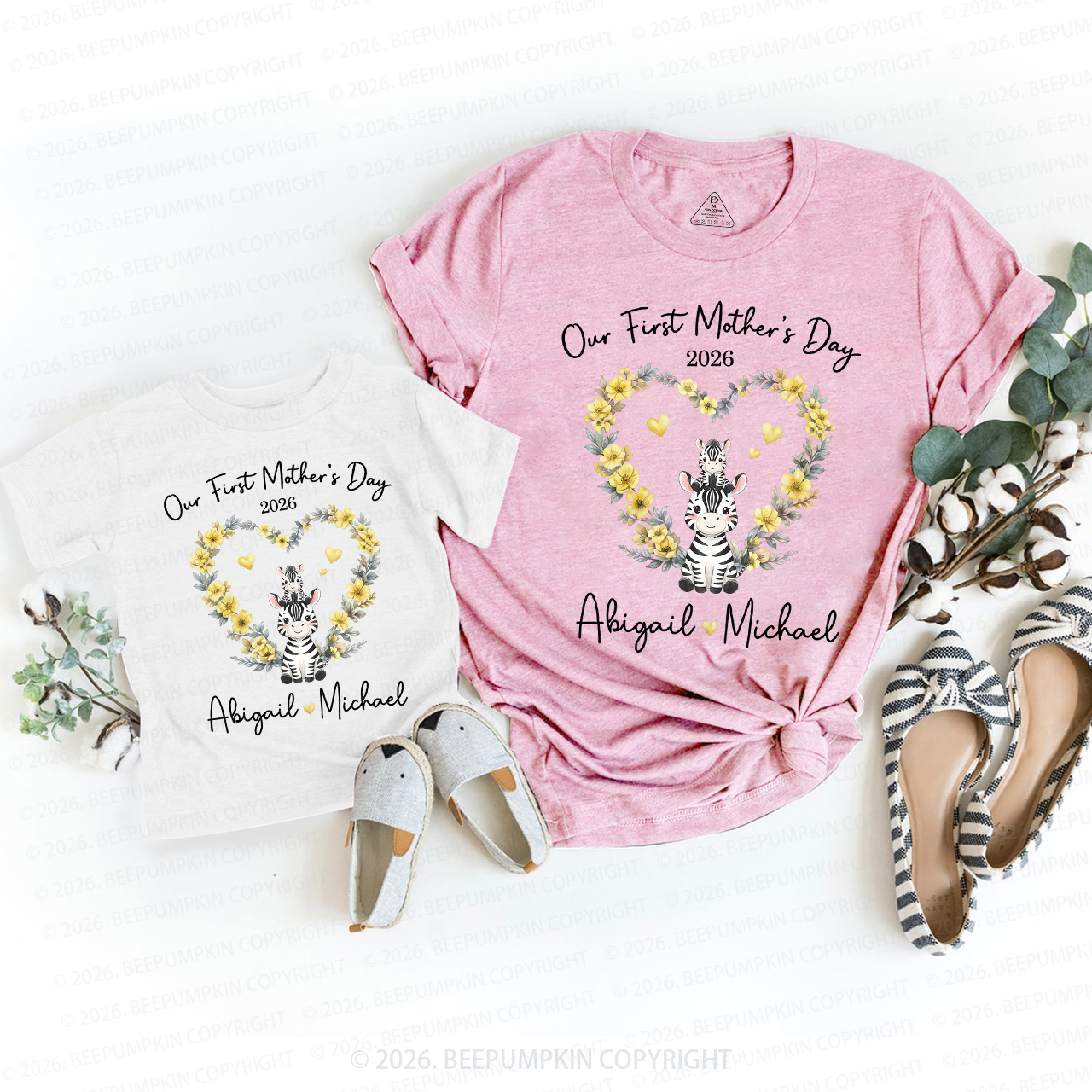 Personalized Cute Zebra Heart Wreath Mom&Me Matching T-Shirts