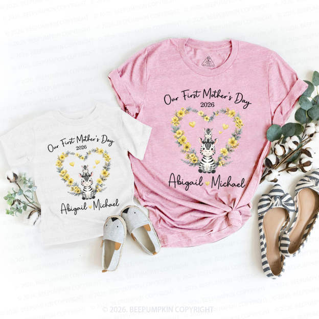 Personalized Cute Zebra Heart Wreath Mom&Me Matching T-Shirts