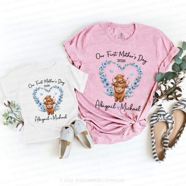 Personalized Highland Cow Heart Wreath Mom&Me Matching T-Shirts