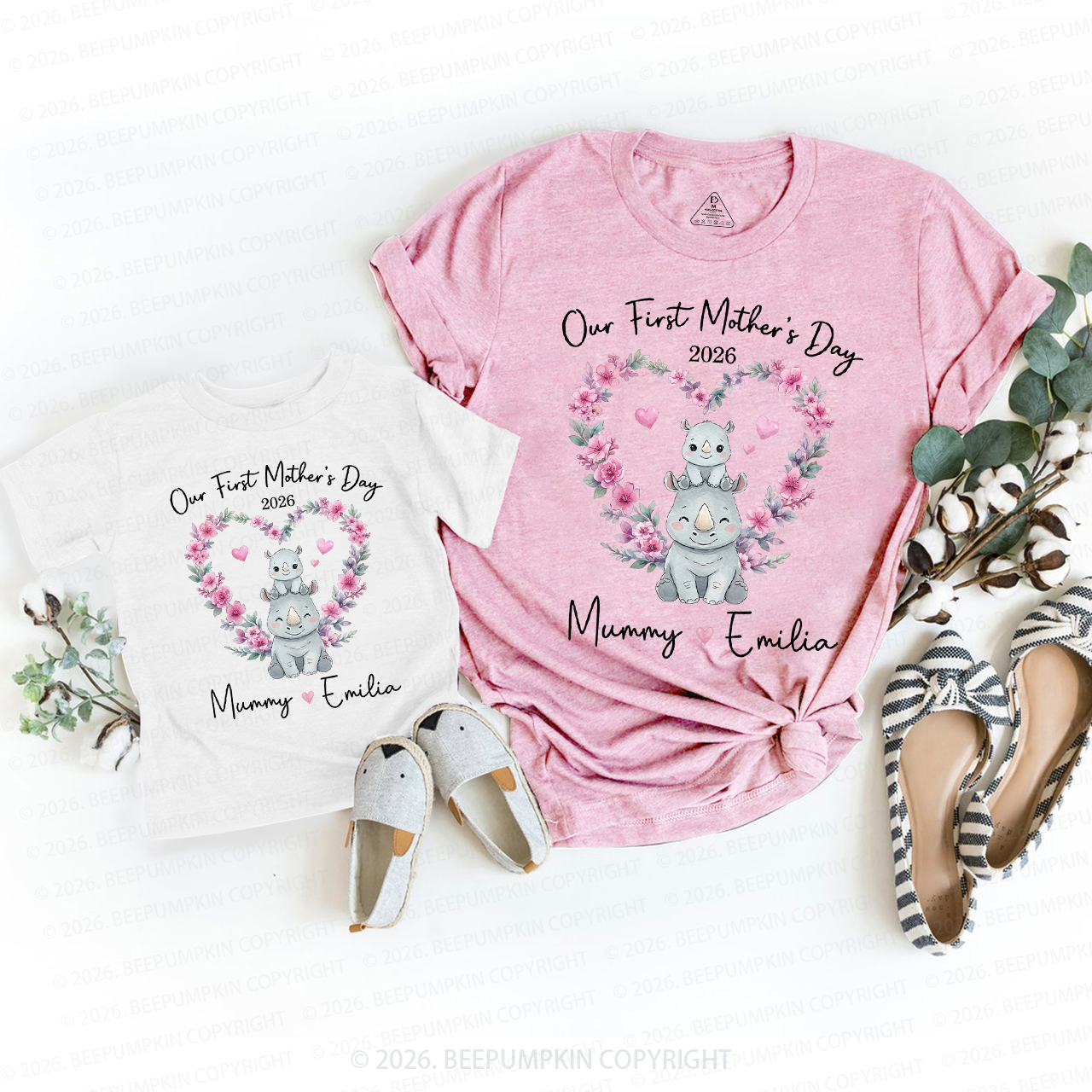 Personalized Cute Rhino Heart Wreath Mom&Me Matching T-Shirts