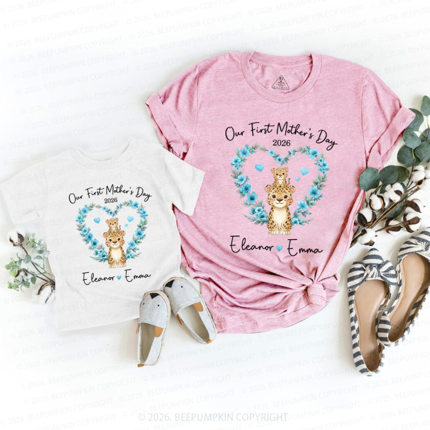 Personalized Cute Cheetah Heart Wreath Mom&Me Matching T-Shirts