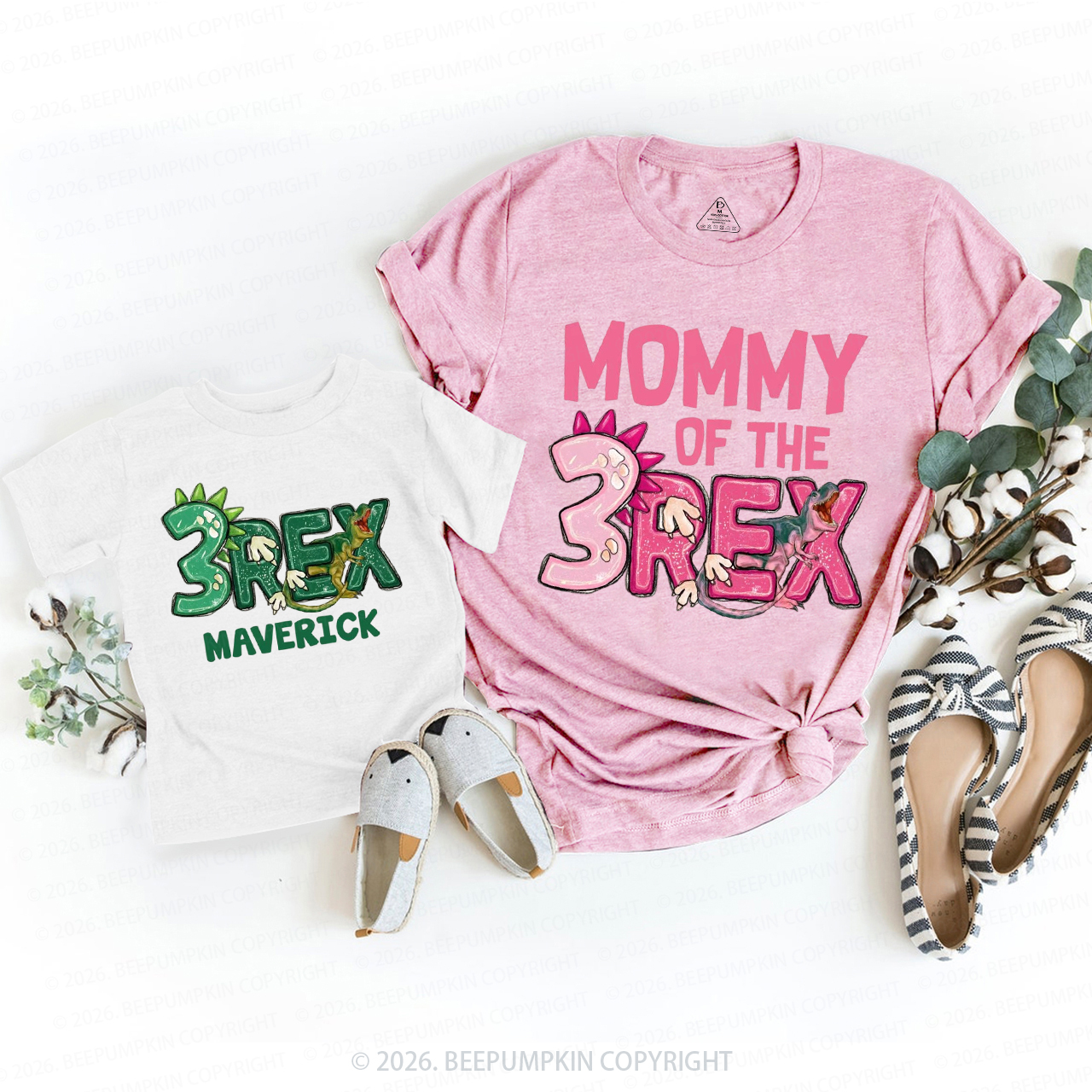 Personalized Rex Dinosaur Birthday Family Matching T-Shirts