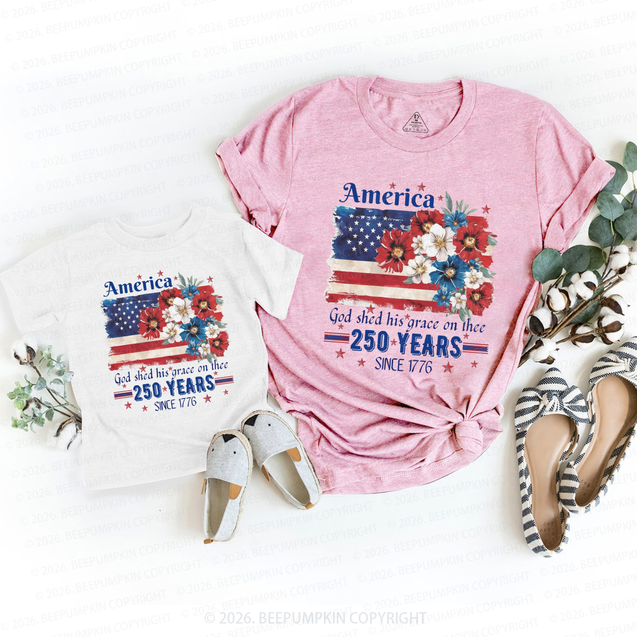 America 250 Years Flag Floral Mom&Me Matching T-Shirts