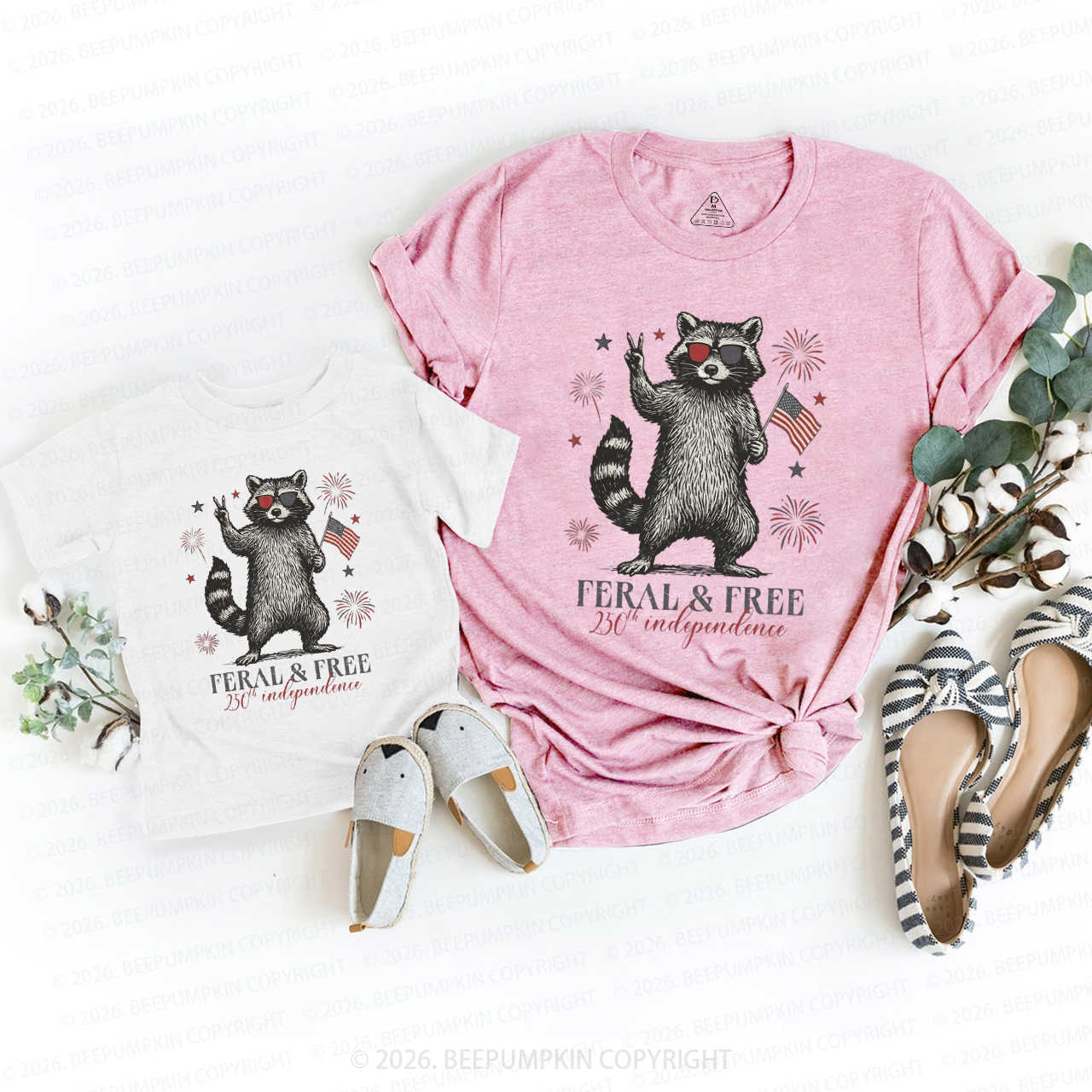 Feral but Free Patriotic Raccoon America 250th Mom&Me Matching T-Shirts
