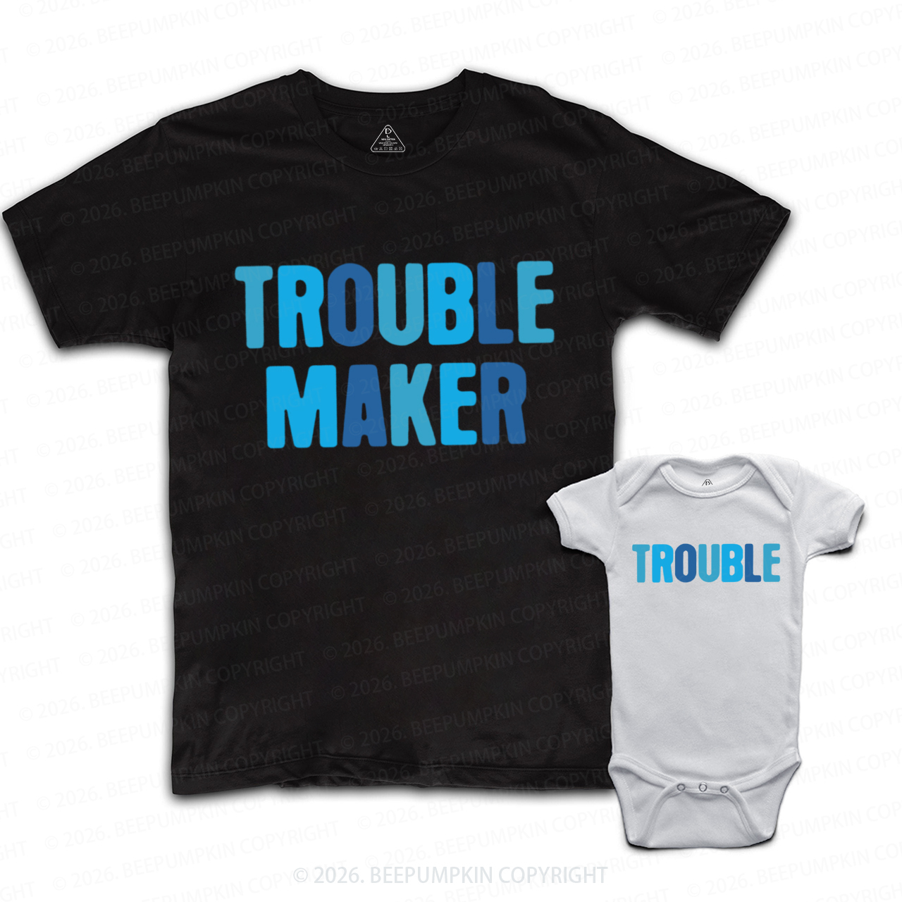 Blue Trouble Maker and Trouble Dad&Me Matching Shirts