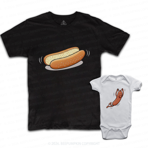 Funny Hot Dog Jumping Into Bun Dad&Me Matching Shirts