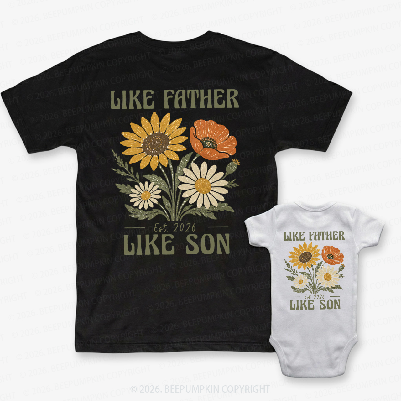 Like Father Like Son Retro Wildflower Dad&Me Matching Shirts-Back Design