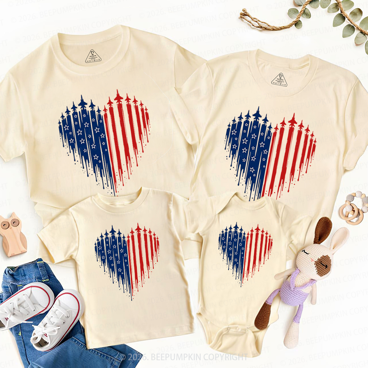 Patriotic 4th Of July American Flag Heart Family Matching Shirts