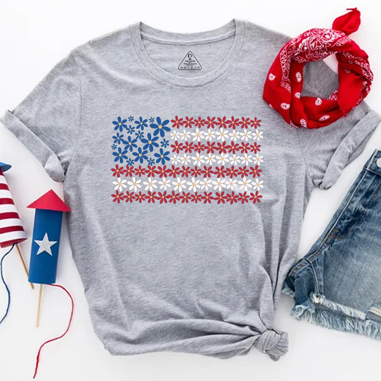 Floral American Flag 4th of July T-Shirts