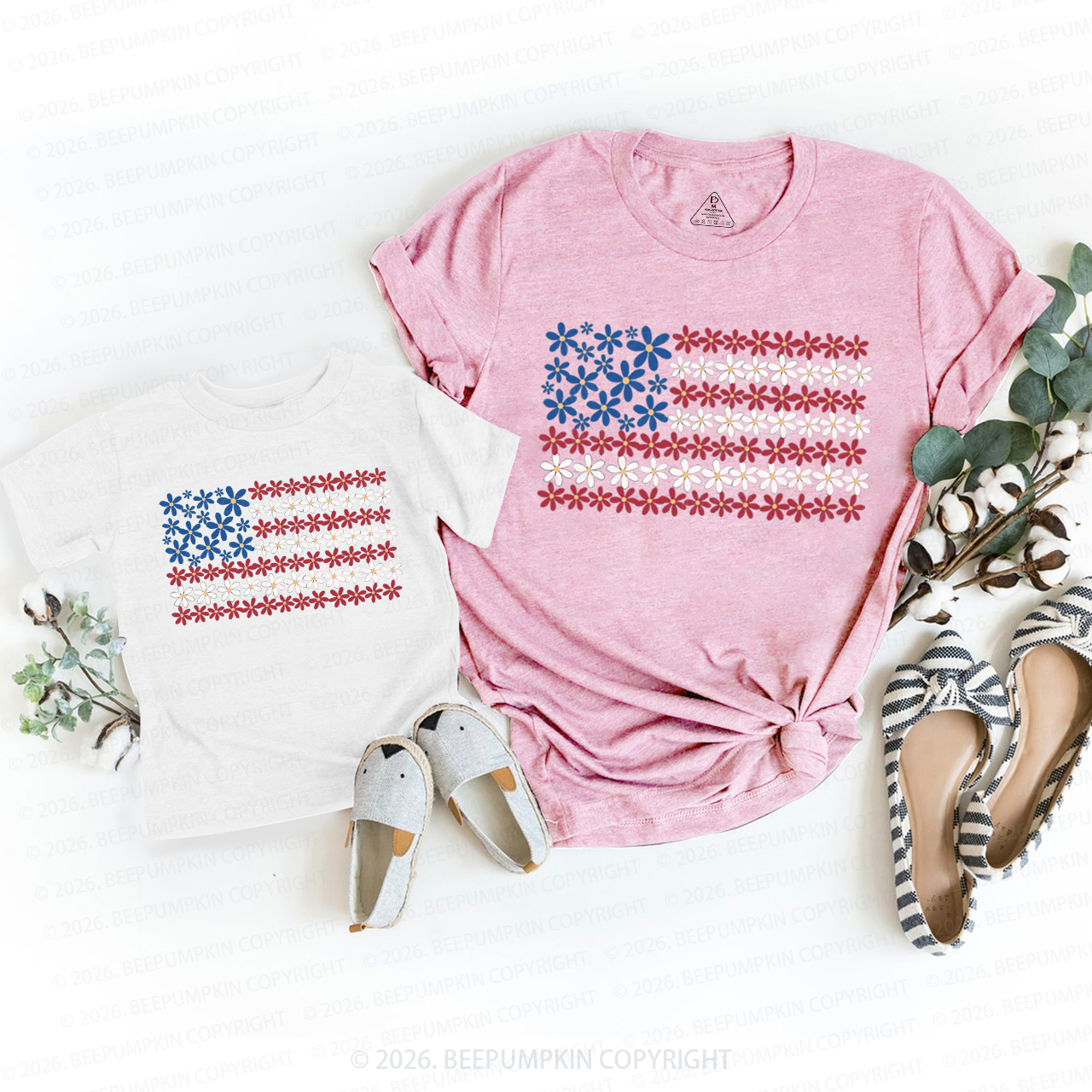 Floral American Flag 4th of July Mom&Me Matching T-Shirts