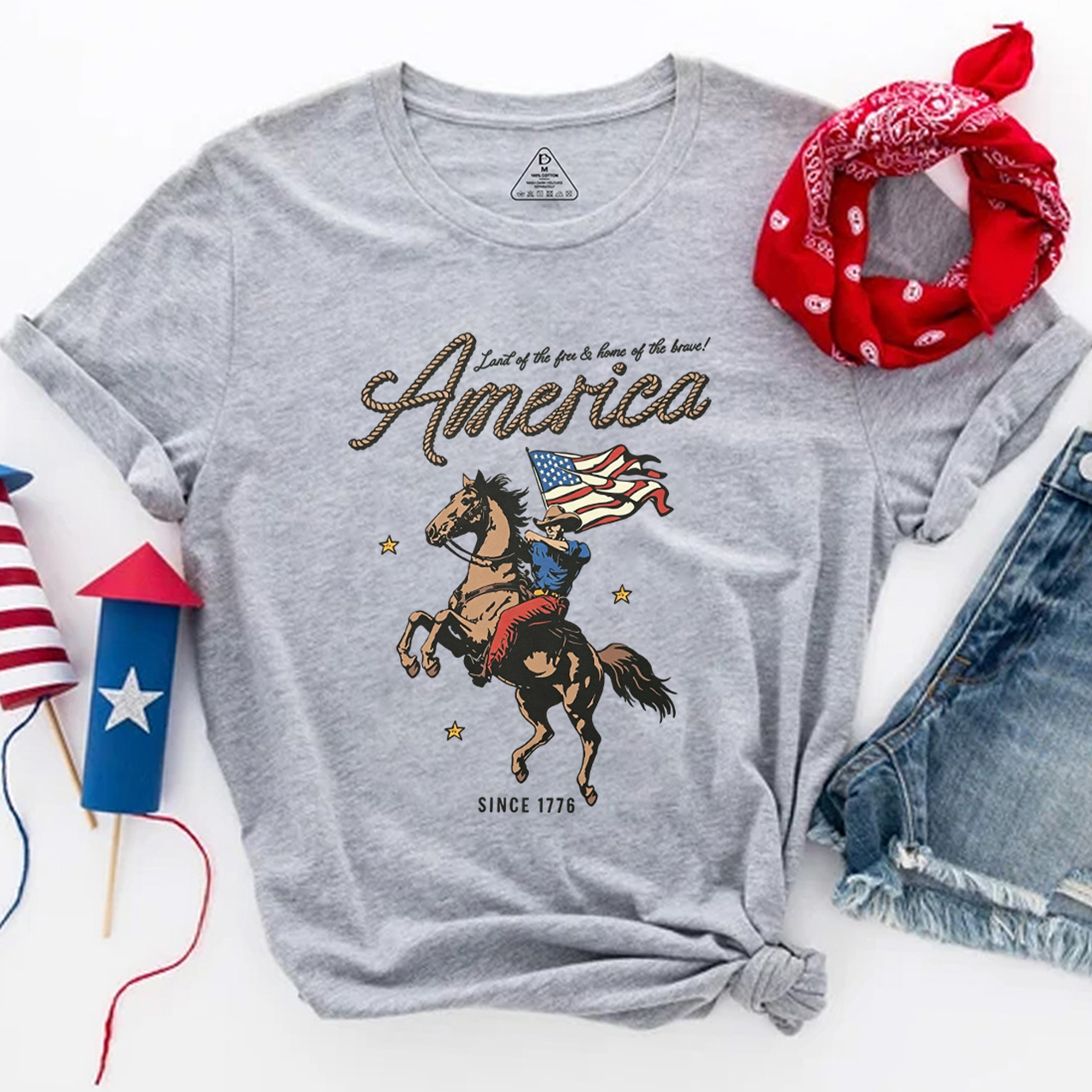 Western Cowboy Waving American Flag Retro T-Shirts