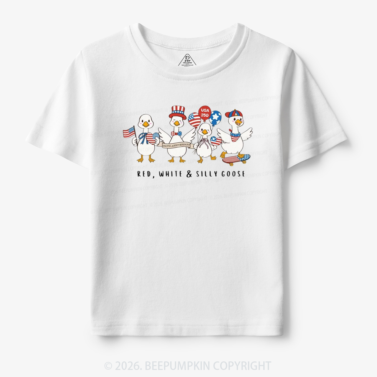 Red White Silly Goose USA 250 Patriotic Toddler&Kid's Tees