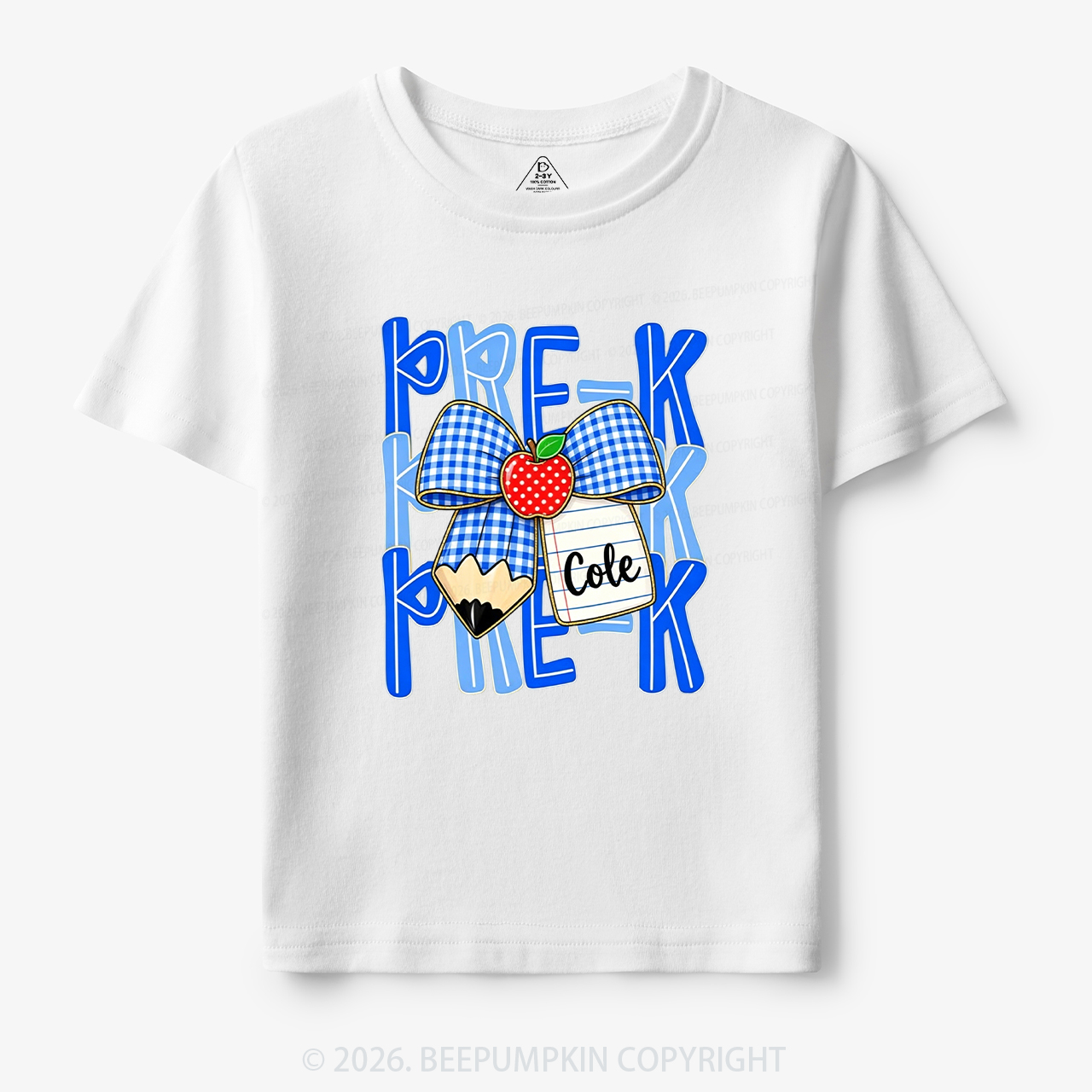 Personalized Blue Gingham Pencil Bow Toddler&Kid's Tees