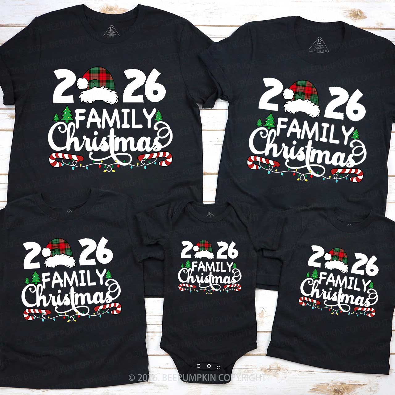 Family Christmas 2026 Plaid Hat Matching T-Shirts Beepumpkin